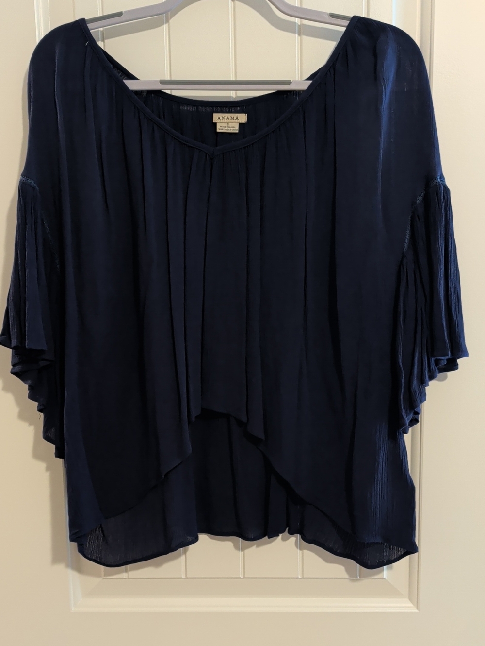 Anama - Navy Pleated Flutter-Sleeve Top